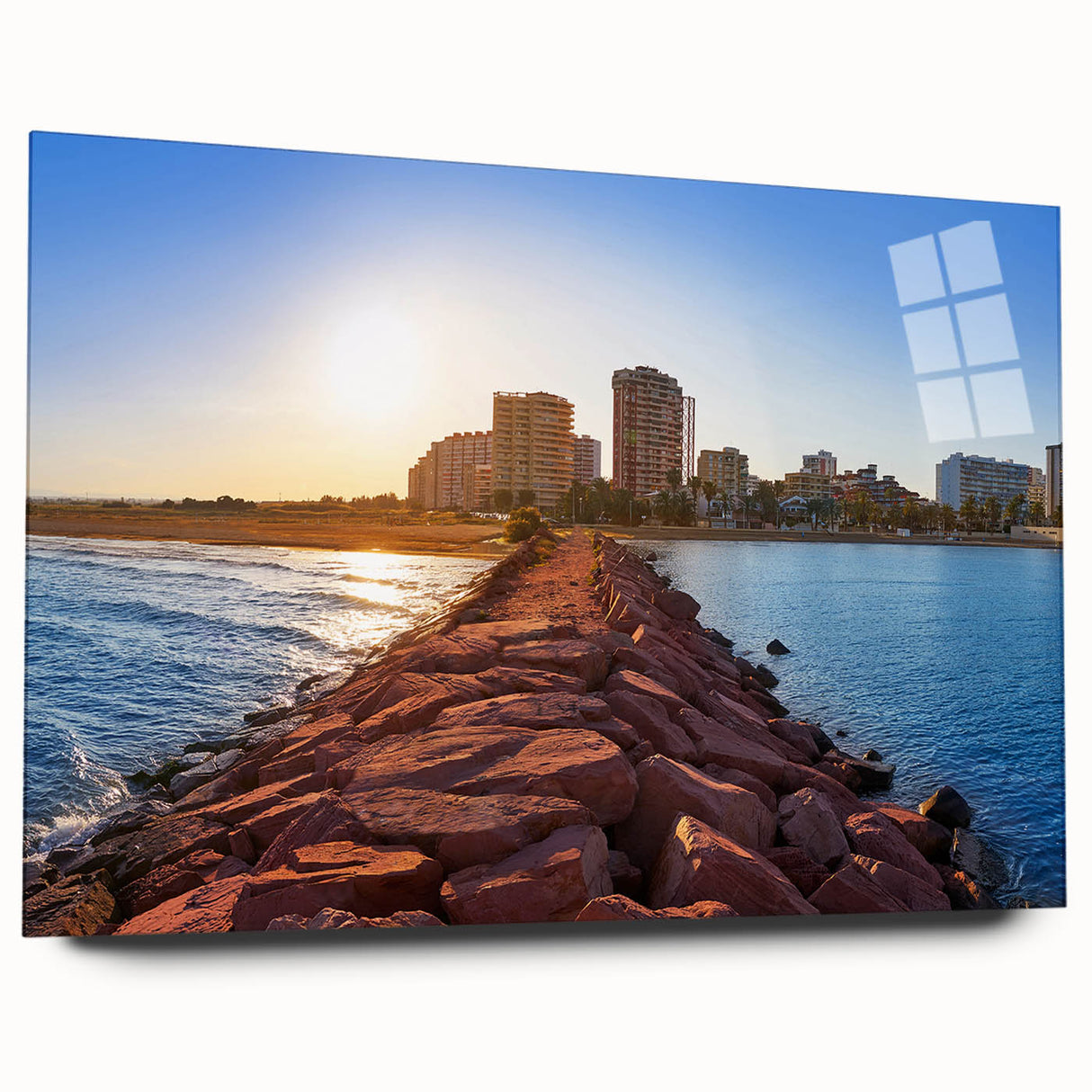 Large abstract wall art of Valencia scenery in muted earth tones on acrylic glass, suitable for bedroom or dining room decor.