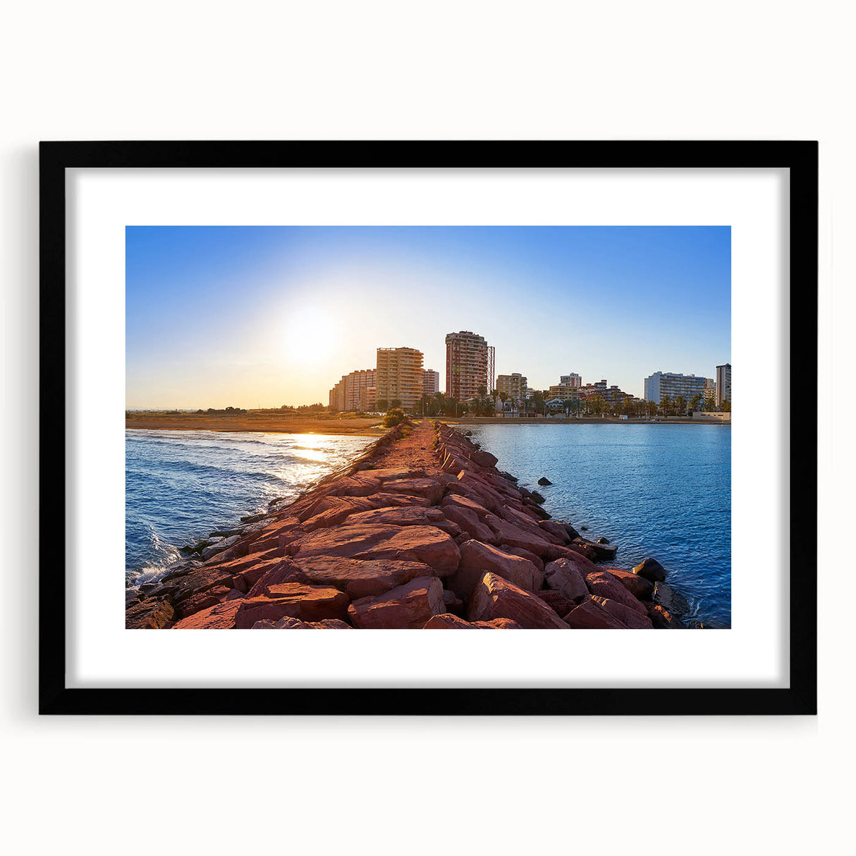 Abstract art print of colorful, textured scenery in Valencia, on a large black-framed canvas, ideal for living room decor.