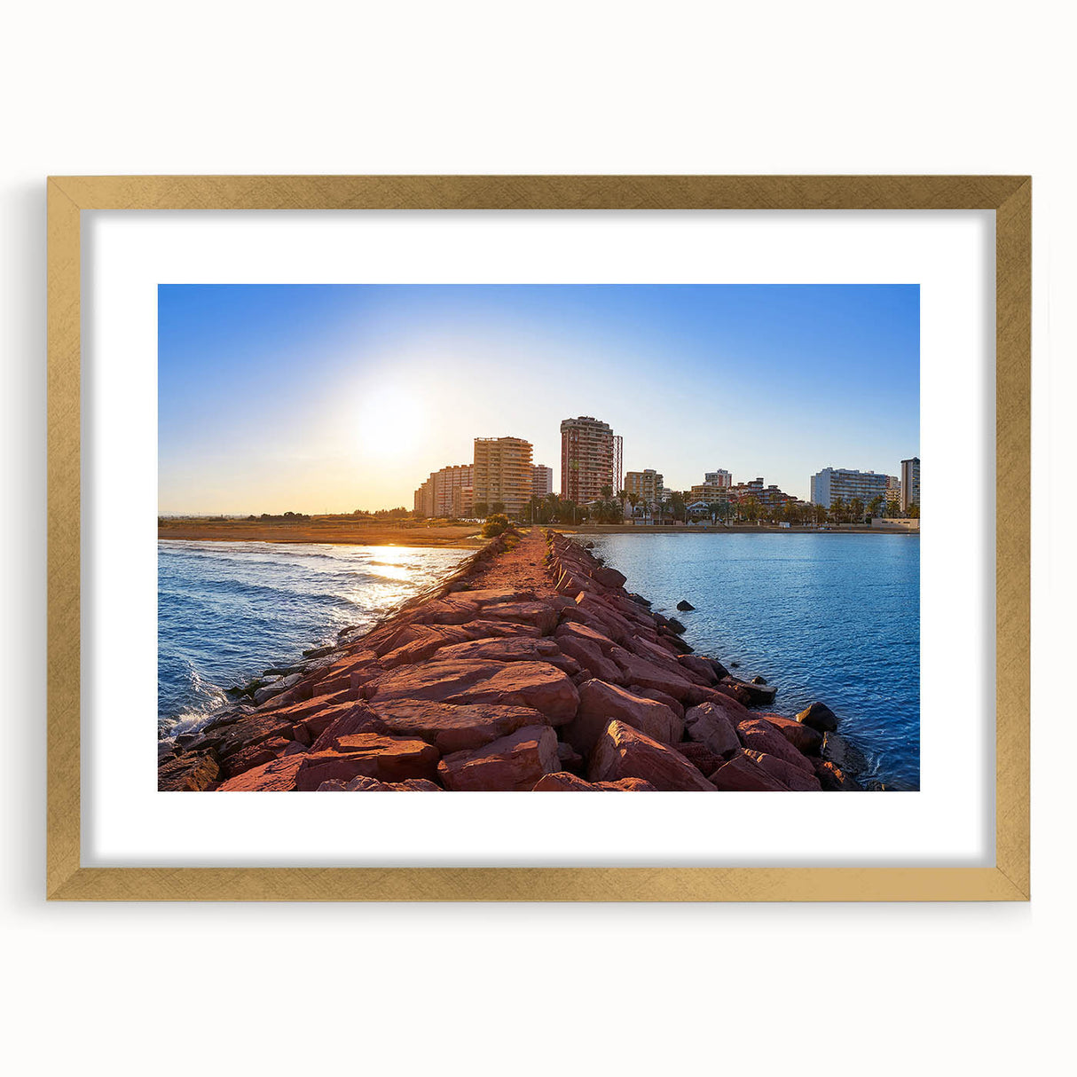 Extra large abstract art print featuring textured scenery of Valencia, in a gold frame, ideal for living room decor.