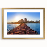 Extra large abstract art print featuring textured scenery of Valencia, in a gold frame, ideal for living room decor.