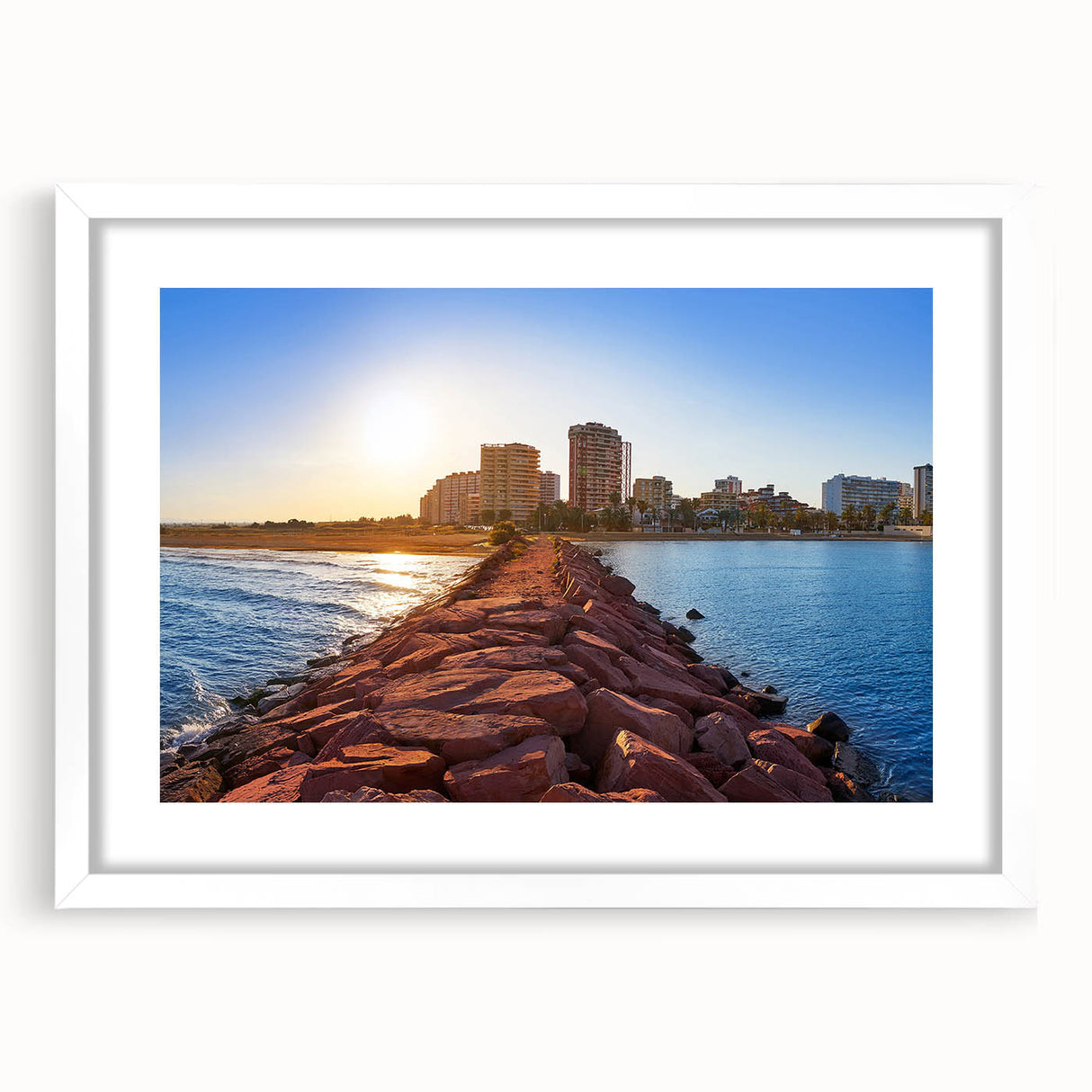 Abstract art print of Valencia scenery in muted earth tones on a white-framed canvas, suitable for dining room decor.