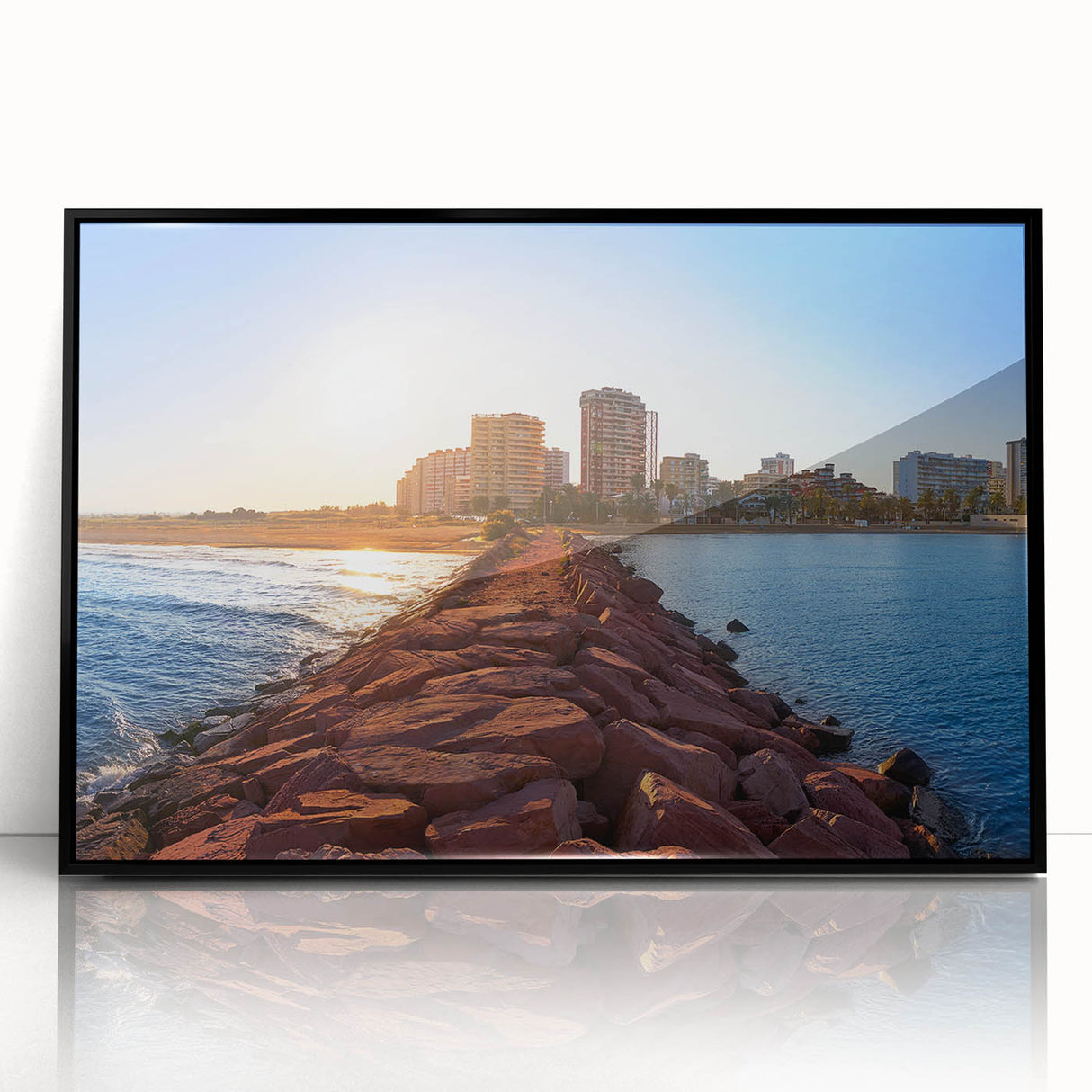 Large abstract wall art depicting a vivid, colorful cityscape of Valencia, Spain on a black framed acrylic print.