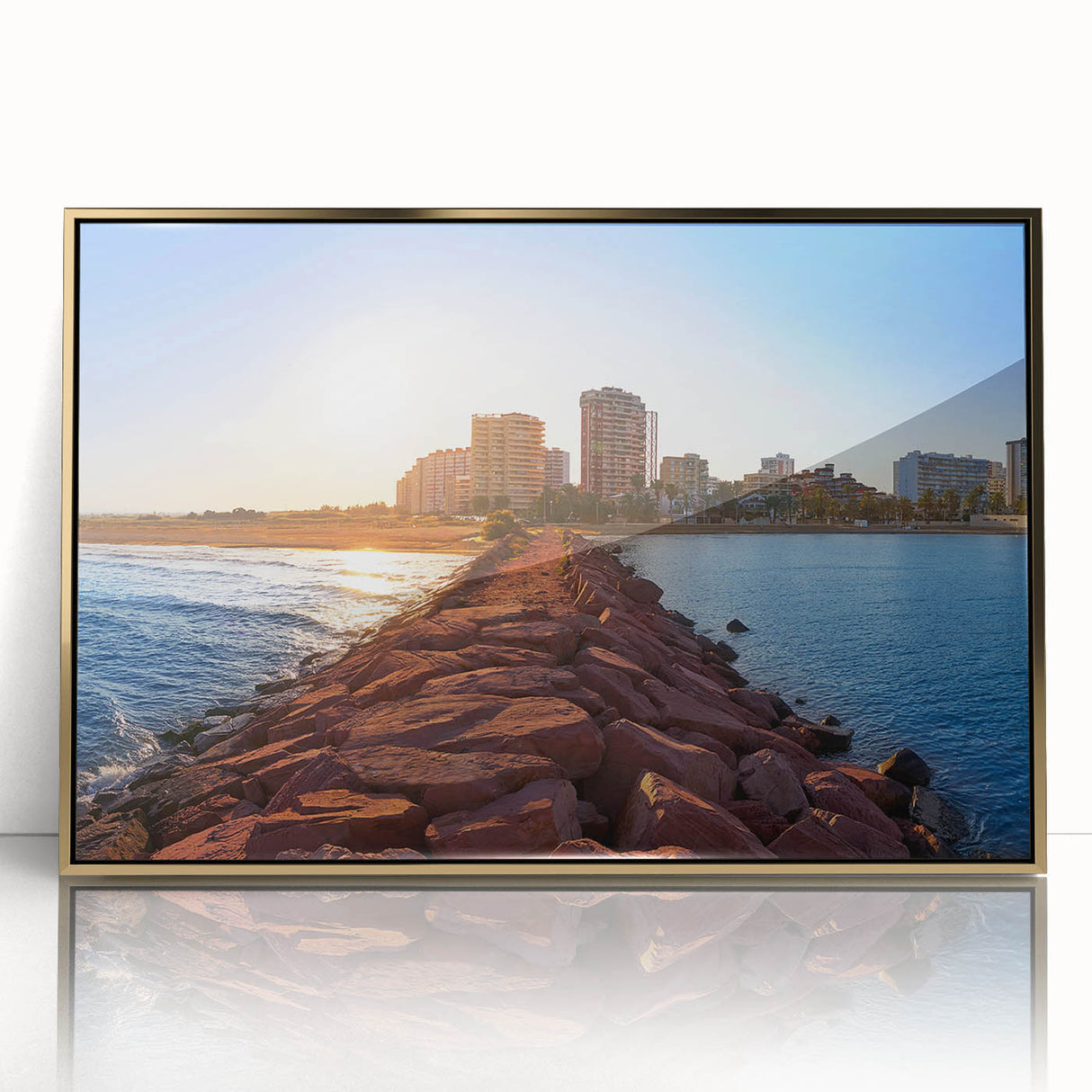 Framed acrylic print of Valencia scenery with muted earth tones, ideal for modern art wall decor.