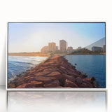 Art deco poster of Valencia scenery in muted pastel colors on framed acrylic, ideal for modern nursery wall art.