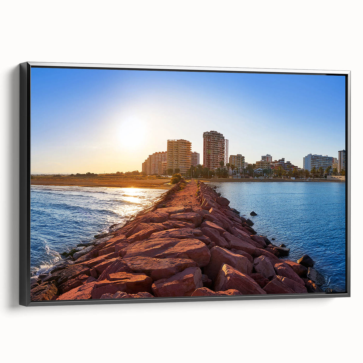 Black and white landscape art painting of Valencia on framed canvas, ideal for bedroom wall decor.