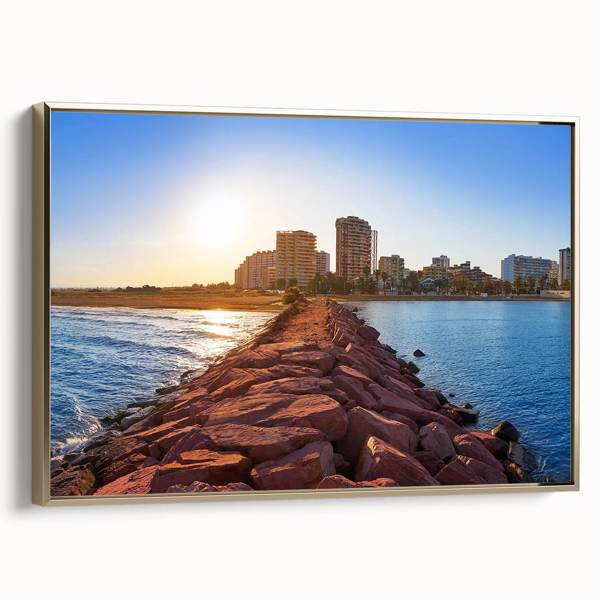 Framed canvas of a vintage-style Valencia landscape in muted gold and black, ideal for bedroom wall art.