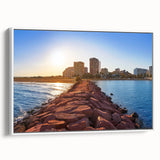 Vintage poster art of Valencia scenery, featuring colorful art on a white-framed canvas, ideal for living room decor.