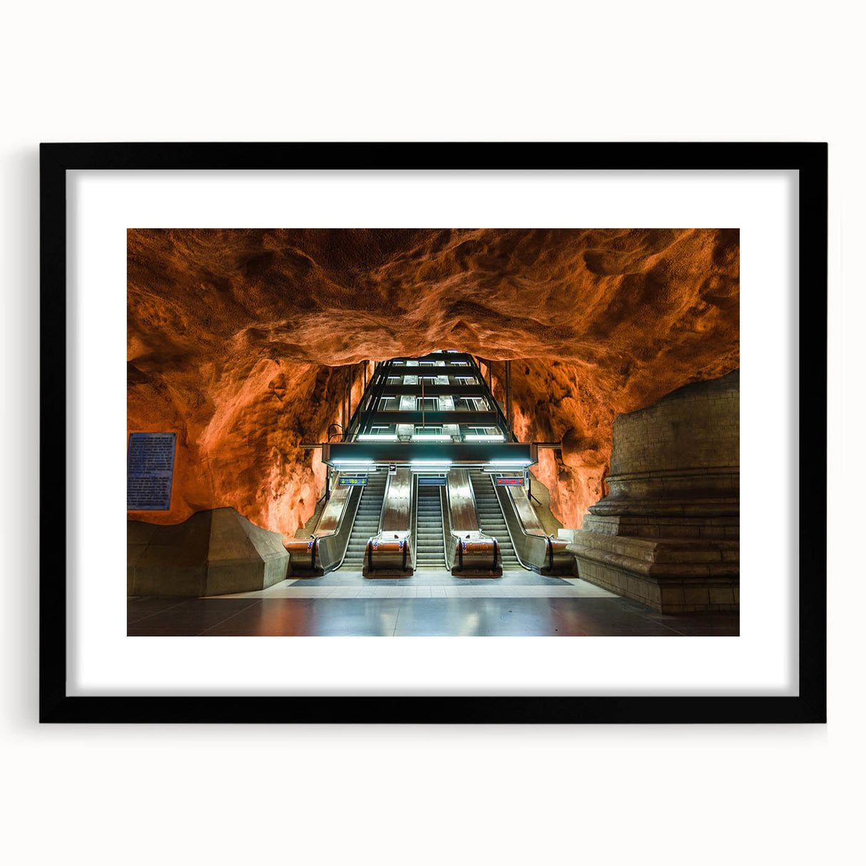 Extra large abstract art print of Stockholm scenery in colorful, textured strokes on a framed black mat.