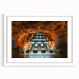 Abstract art print of Stockholm's cityscape in muted gray and blue tones on a framed canvas, suitable for dining room decor.