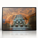 Large abstract wall art depicting the Stockholm skyline in muted gray and blue tones on a framed acrylic.