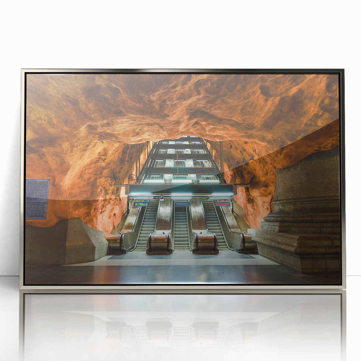 Mid-century modernist art depicting Stockholm scenery in silver framed acrylic, ideal for nursery wall decor.