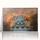 Art deco poster of Stockholm scenery, in muted blues and whites, acrylic framed, suitable for modern nursery wall art.