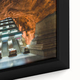 Extra large framed canvas of Stockholm scenery in black with colorful, textured elements, suitable for living room decor.