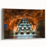 Framed canvas landscape art painting of Stockholm featuring colorful vintage poster art on a black background.