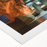 Art deco poster of Stockholm scenery in muted blue and yellow tones on rolled canvas, suitable for dining room wall.