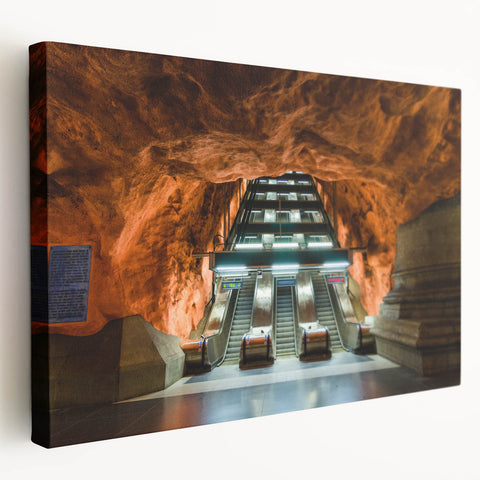 Panoramic view of Stockholm on stretched canvas, featuring muted blue and gray tones, suitable for kitchen wall art.