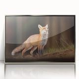 Large art print of a serene Swedish landscape in muted greens and blues, framed in silver acrylic.