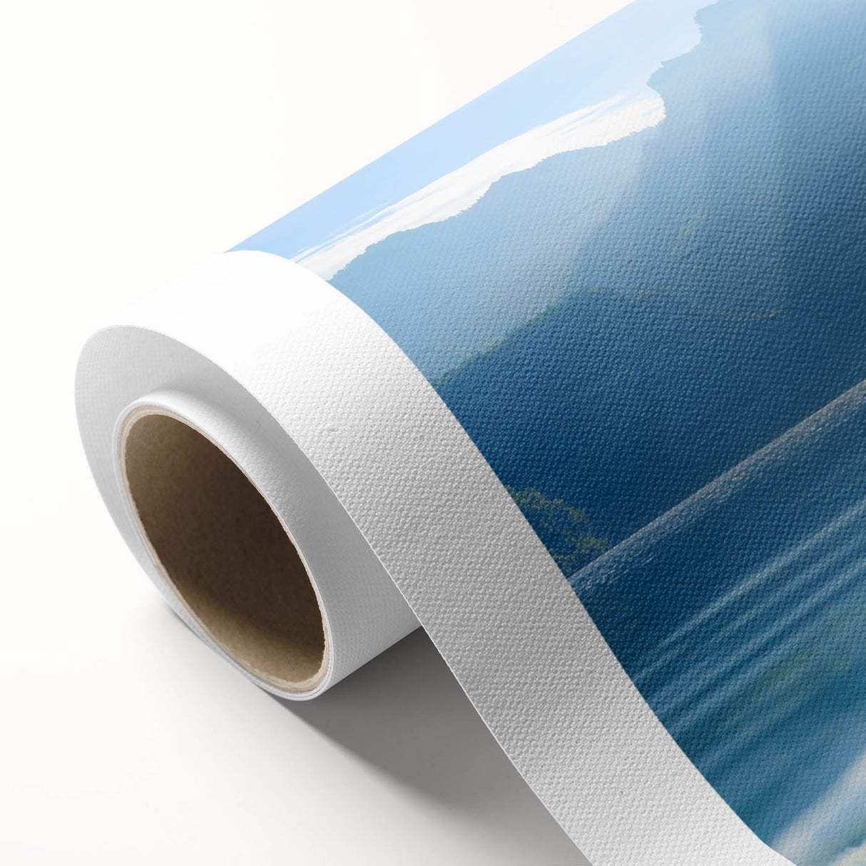 Art Deco poster of Geneva scenery on rolled canvas, featuring cool blue tones.