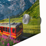 Large abstract wall art depicting a Swiss landscape in muted earth tones on acrylic glass, ideal for dining room decor.