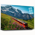 Acrylic glass print of a serene Swiss landscape, featuring soft blues and greens, ideal for bedroom or dining room decor.