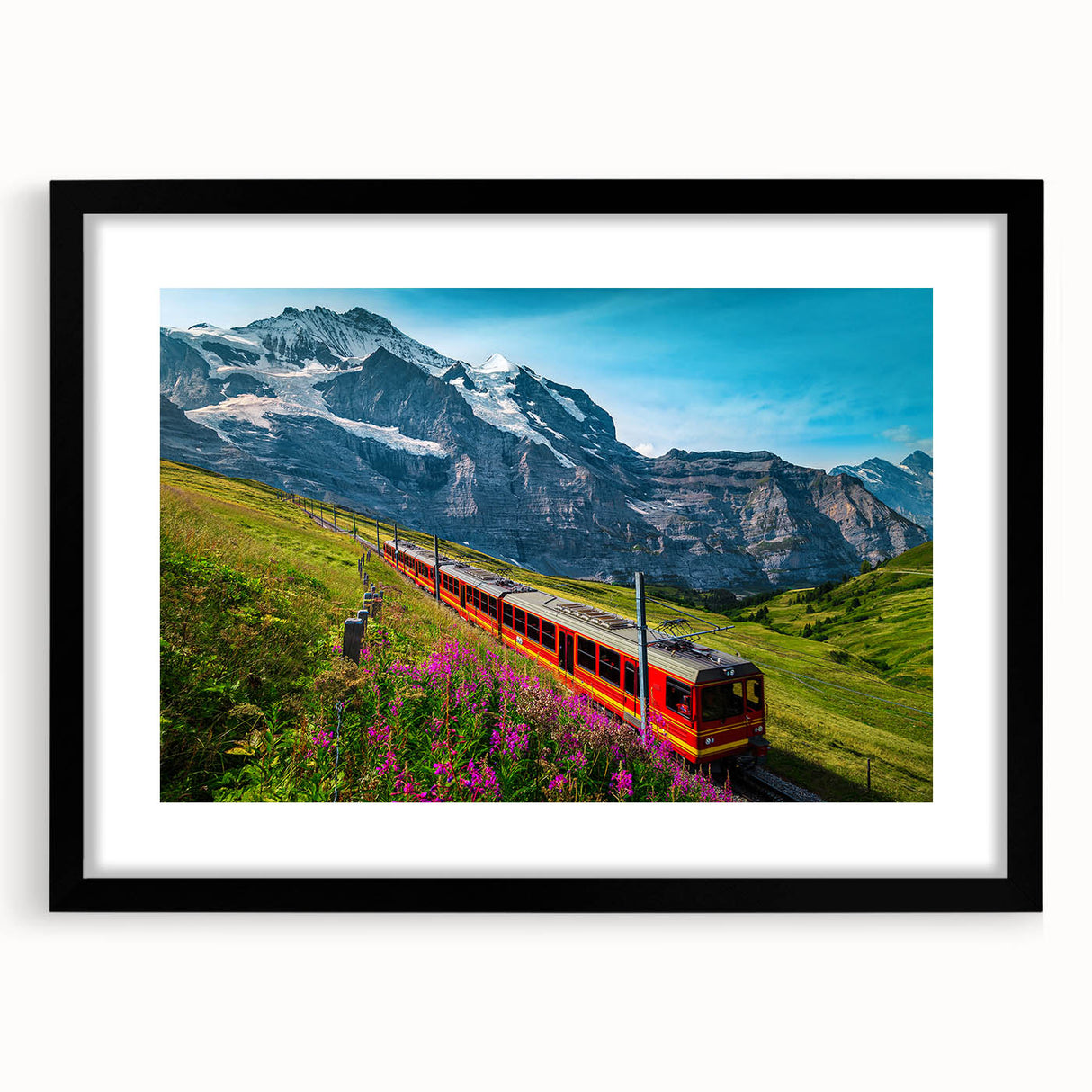 Extra large abstract art print of a vibrant, colorful European scenery on textured canvas, framed in black.