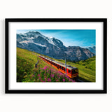 Extra large abstract art print of a vibrant, colorful European scenery on textured canvas, framed in black.