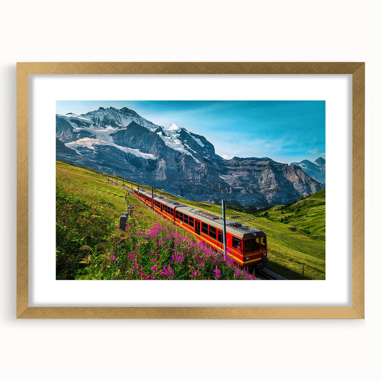 Extra large abstract art print of a textured European scenery in gold frame, suitable for living room decor.