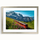 Textured abstract art print of a European scenery in Switzerland, with muted earth tones on a framed silver mat.