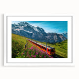 Abstract art print of a European scenery in Switzerland, featuring muted earth tones, displayed in a white frame with mat.