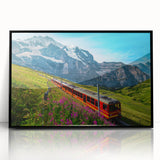 Large abstract wall art depicting a Swiss landscape in muted gray and blue tones on framed acrylic.