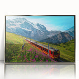 Mid-century modernist art depicting a serene Swiss landscape in muted earth tones on a silver-framed acrylic print.