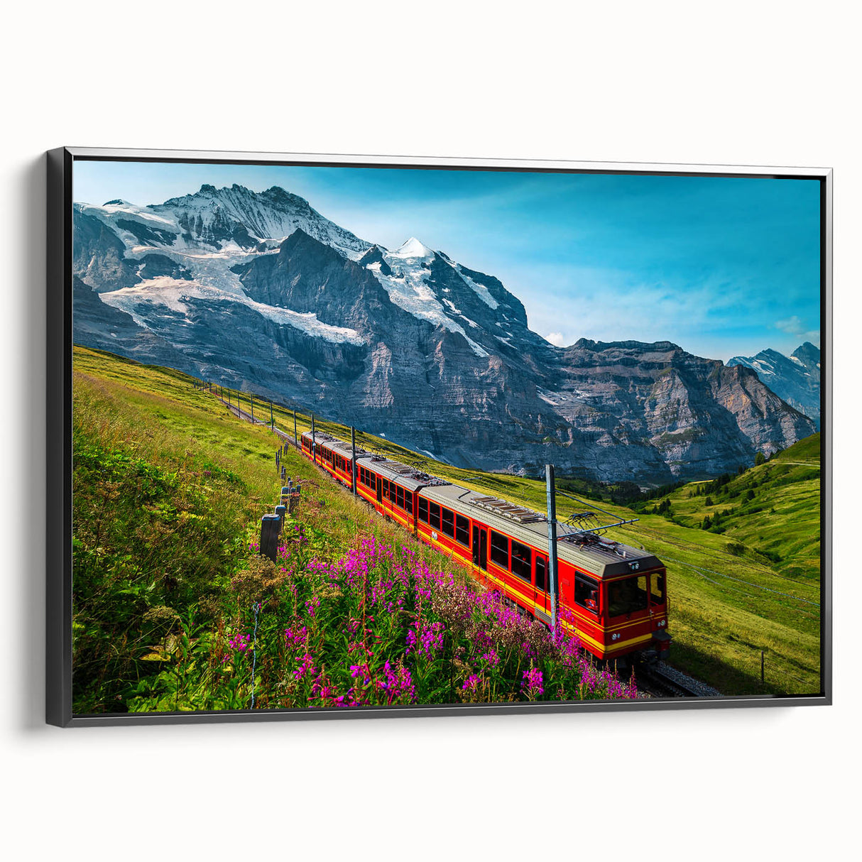 Black and white wall art of a Swiss landscape on framed canvas, ideal for bedroom decor.