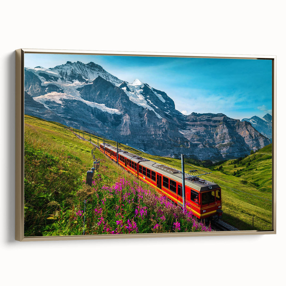 Framed canvas featuring a vintage-style Swiss landscape in muted earth tones, ideal for bedroom wall decor.