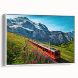Vintage poster art of a Swiss landscape on framed canvas, featuring a colorful palette, ideal for living room decor.