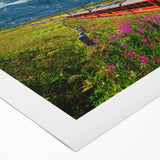 Art deco poster featuring a serene Swiss landscape in muted green and blue tones on rolled canvas.