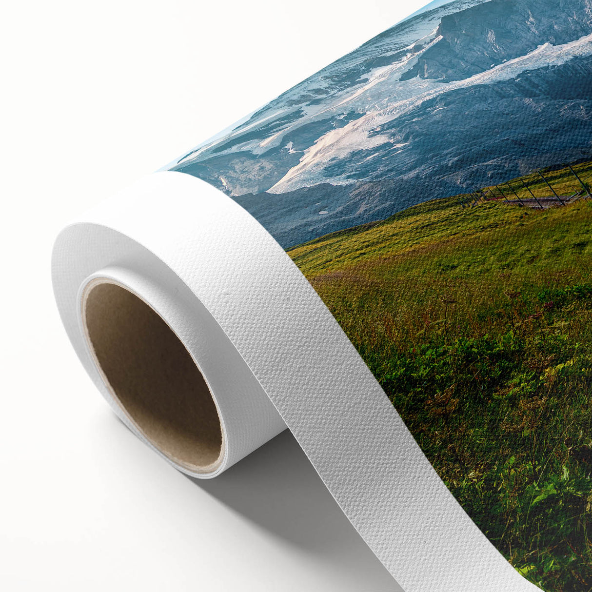 Art Deco poster of a serene Swiss landscape, featuring muted green and blue tones on rolled canvas.