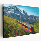 Large canvas print of a serene Swiss landscape in muted green and blue tones, ideal for kitchen wall art.