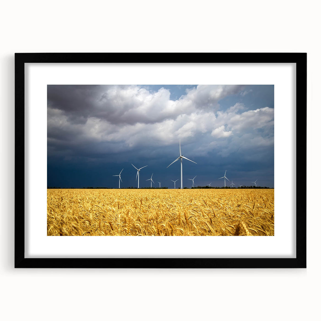 Abstract art print of vibrant, colorful scenery in extra large format, textured surface, framed in black.