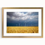 Extra large abstract art print of a textured European scenery in muted earth tones, framed with a gold mat.