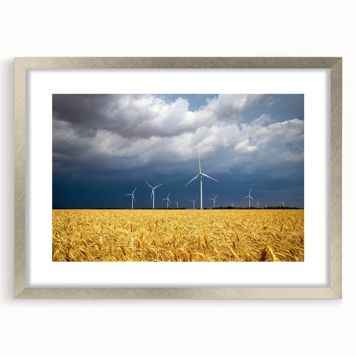 Textured abstract art print depicting a serene European landscape in muted earth tones, framed with a silver mat.