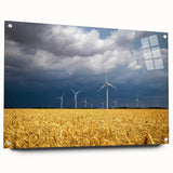 Large abstract wall art of European scenery in muted blue and green tones on acrylic glass, ideal for dining room decor.