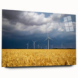 Large abstract wall art of a European landscape in muted blue and green tones on acrylic glass.