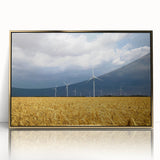 Large art print of a European Ukrainian landscape in gold frame, acrylic, mid-century modernist style.