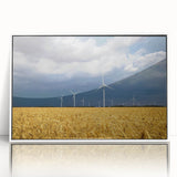 Art deco poster of a European landscape in muted pastels on framed acrylic, ideal for modern nursery wall decor.