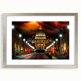 Textured art print of the Vatican scenery in muted earth tones on a framed silver mat, suitable for bedroom decor.