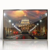 Mid-century modernist art of the Vatican scenery in muted earth tones on a framed acrylic.