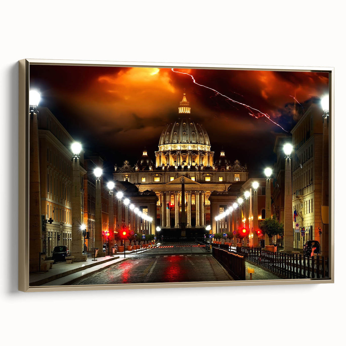 Framed canvas of a vintage-style European landscape painting with muted gold and black tones, ideal for bedroom wall decor.