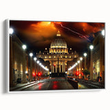 Vintage poster art of the Vatican on a framed canvas, featuring vibrant colors, ideal for living room decor.