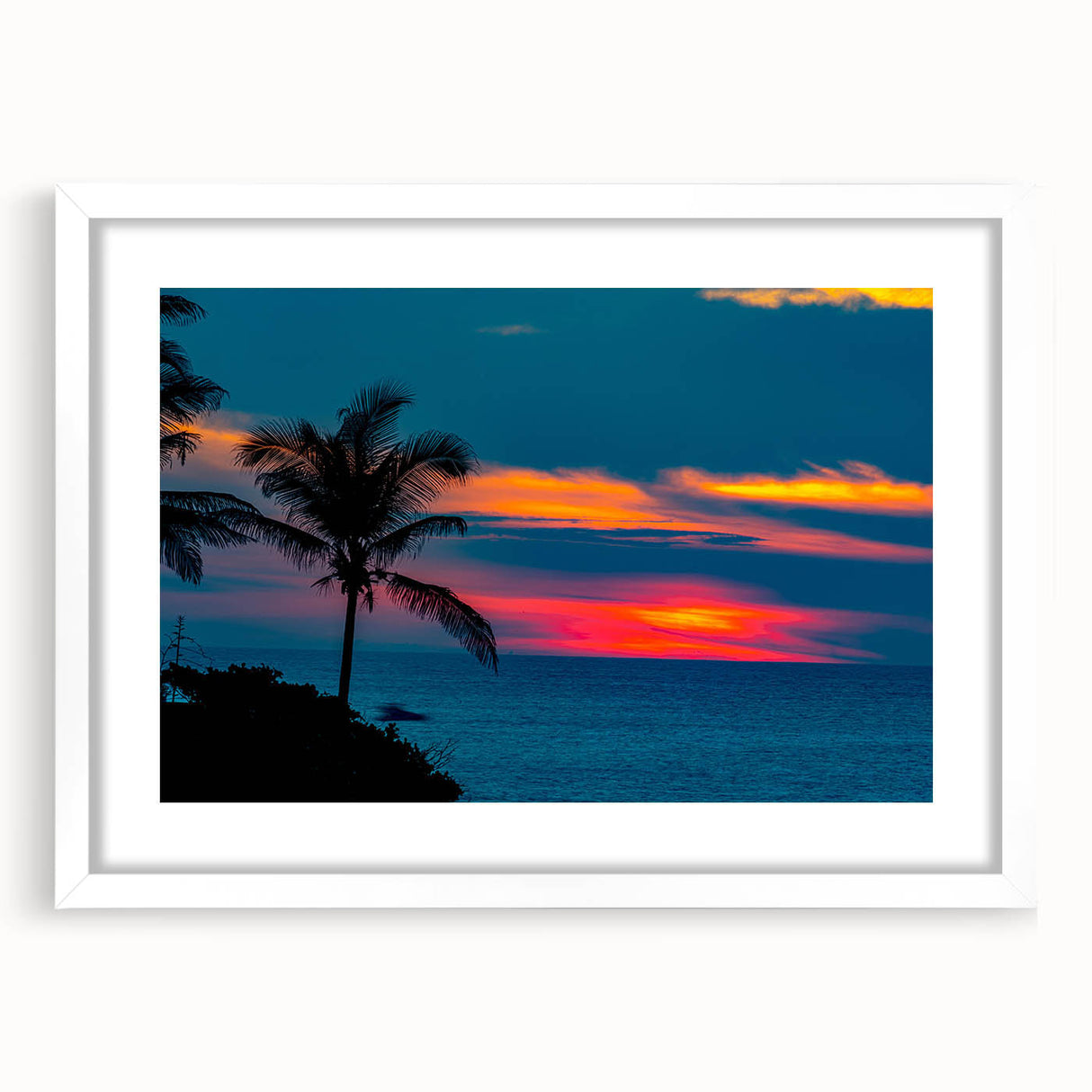 Abstract art print of Acapulco scenery in muted blue and green tones, white-framed with mat, suitable for dining room decor.