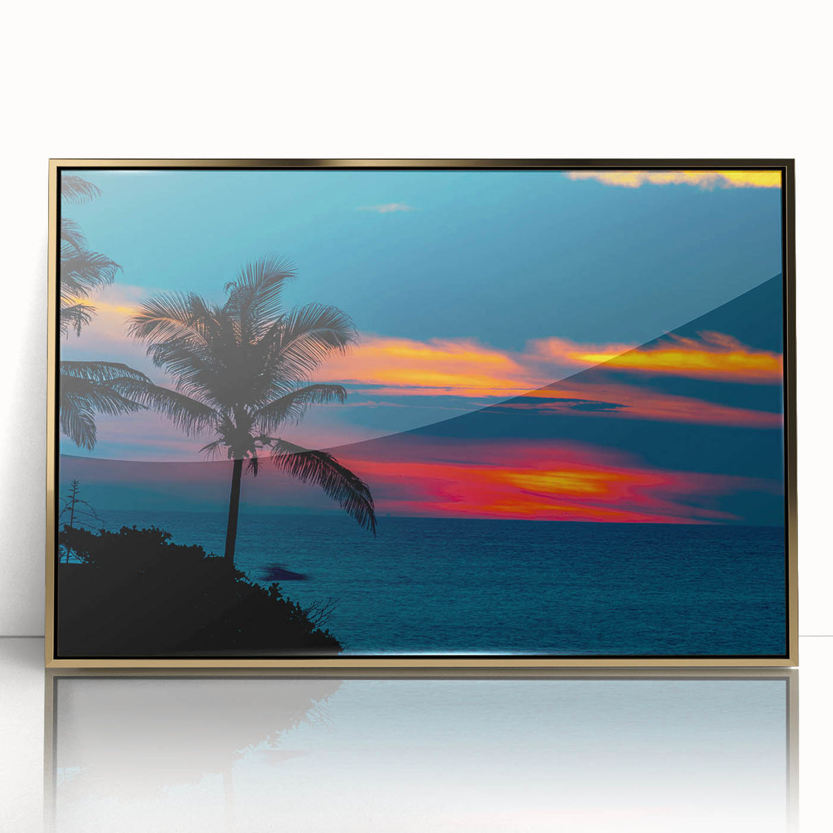 Framed acrylic print of Acapulco scenery in mid-century modernist style with vibrant colors, ideal for modern art wall decor.